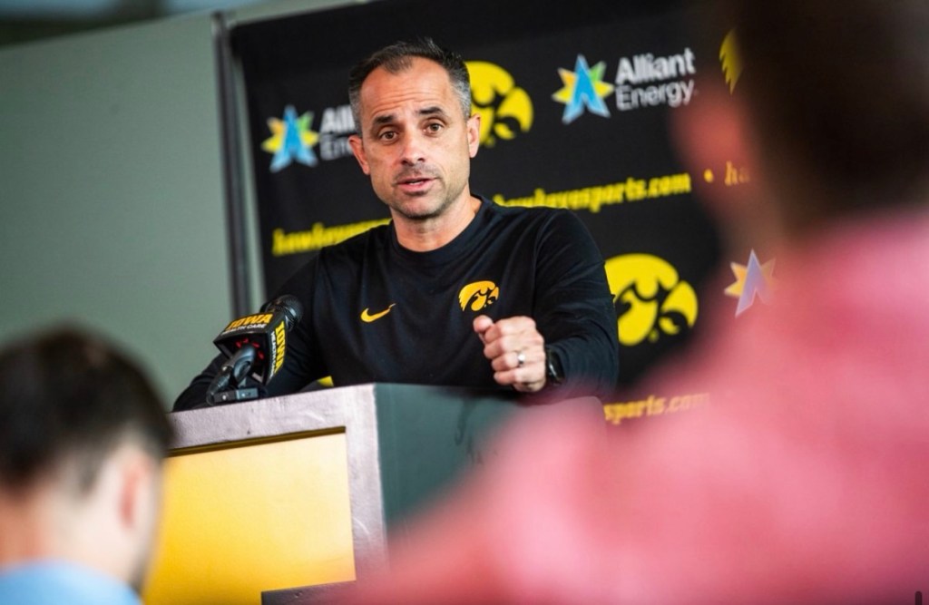 Iowa head coach Ben McCollum answers questions during men’s basketball media day at Carver-Hawkeye Arena in Iowa City on Monday, Oct. 12, 2026. (John Charlson/The Daily Iowan)